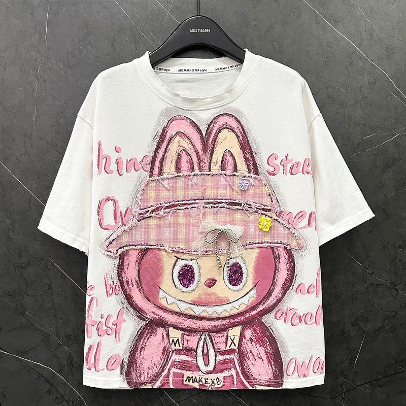 

Summer New Arrival Embroidered Printed Cartoon Automobiles Curtain Cloth Short-Sleeved T-shirt Female Loose Casual Versatile Half-Length Sleeve Top White One size