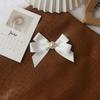 Off-White Cotton Pearl Bow Brooch: Cute Japanese Korean Style Ribbon Lapel Pin Corsage.