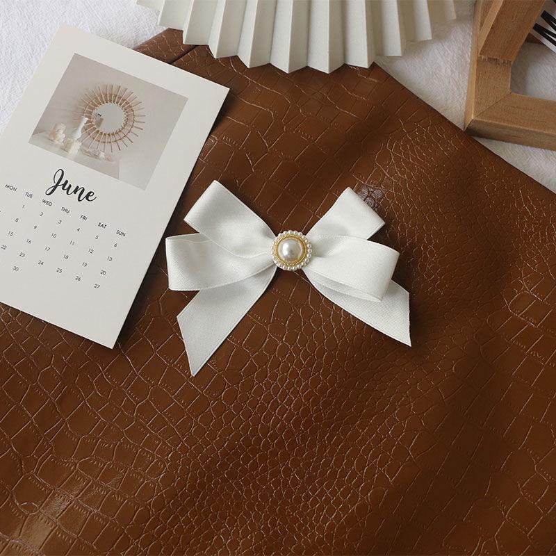 Off-White Cotton Pearl Bow Brooch: Cute Japanese Korean Style Ribbon Lapel Pin Corsage.