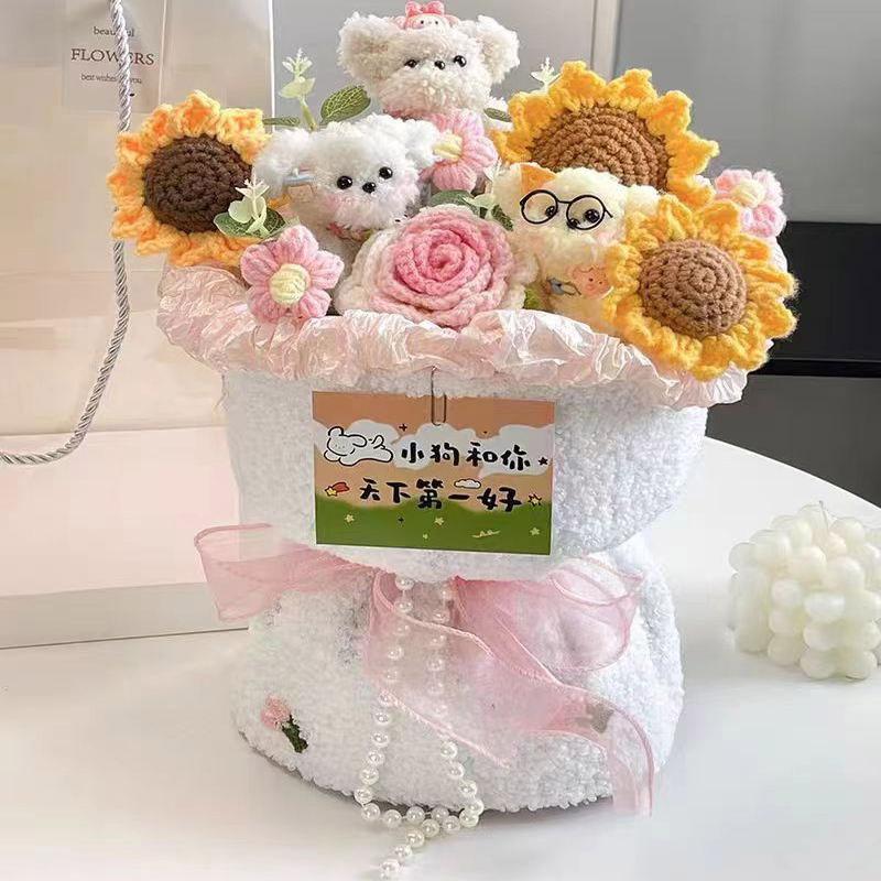 Finished Crocheted Flower Bouquet with Puppy Dog Doll Artifiacal Rose Flower  Knitting Sunflowers Valentine's Day New Year Gifts