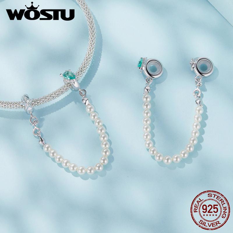 WOSTU Ocean Jewelry 925 Silver Sea Turtle Starfish Pearl Silicone Safety Chain Charm Pearl Chain Beads Fit DIY Bracelet