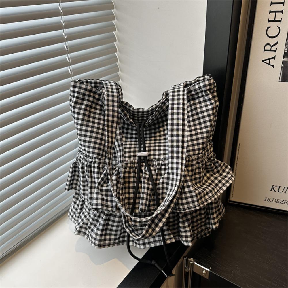

Fashion Lotus Leaf Shoulder Bag Large Capacity Plaid Tote Bag Casual Drawstring Bag Women чёрный