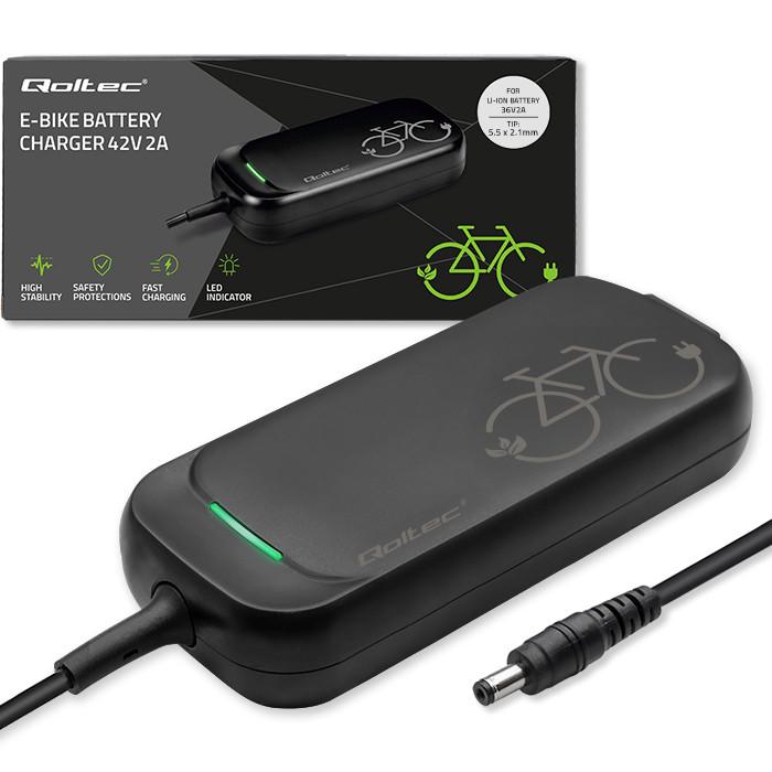Qoltec Szybka Ładowarka do roweru skutera elektrycznego 36V | 42V | 2A | 5.5*2.1 | wodoodporna +kabel zasilający