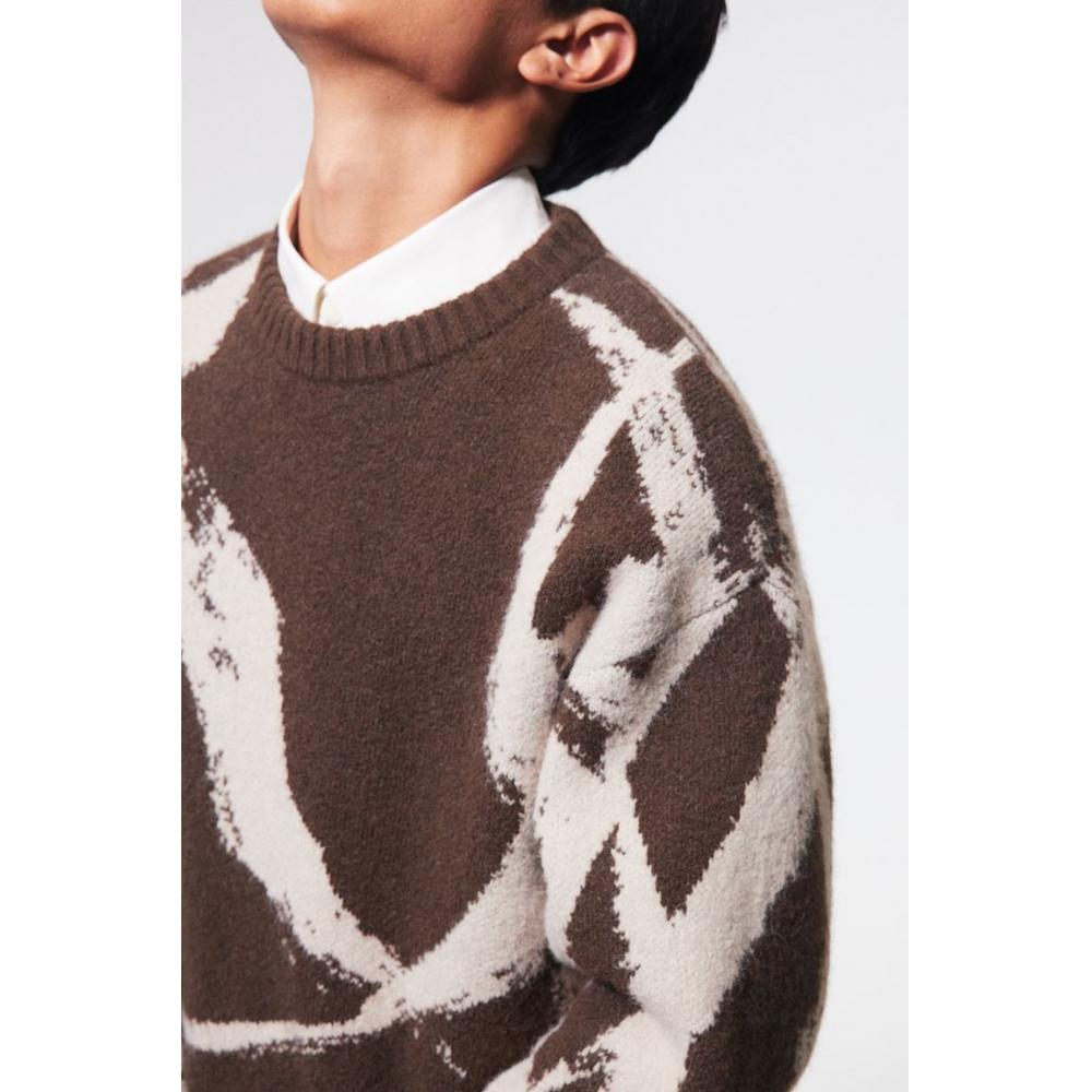 H M Loose Fit Jacquard Knit juMper Brown Pattern