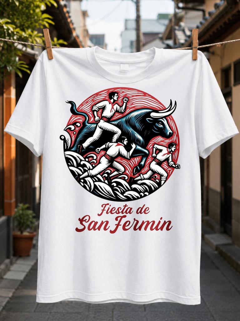 Fiesta De San Fermin Bold Red Circle Art With Running Bull Runners In Red Outfits Waves And Script Unisex All Tshirt