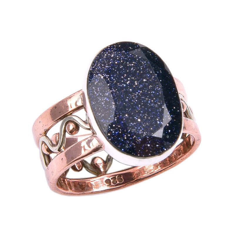Natural Blue Sunstone Gemstone Two Tone 925 Sterling Silver Gift Ring S.7 L3r48