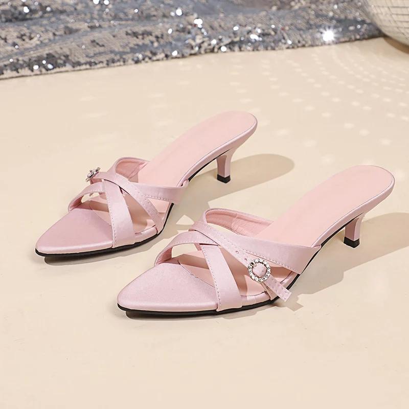 Summer Women's Fashion Slippers Elegant Dress Crystal Slides Ladies Dancing Party High Heel Shoes