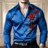 Men's Satin Red Rose Print Long Sleeved Shirt with Slim Fit Collar, Button Down Down, Party Casual Shirt