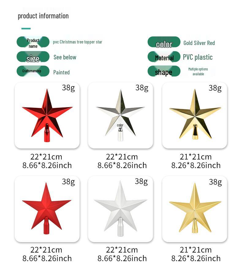 Electroplated 20CM Five-pointed Star Tree Topper for Christmas Decoration