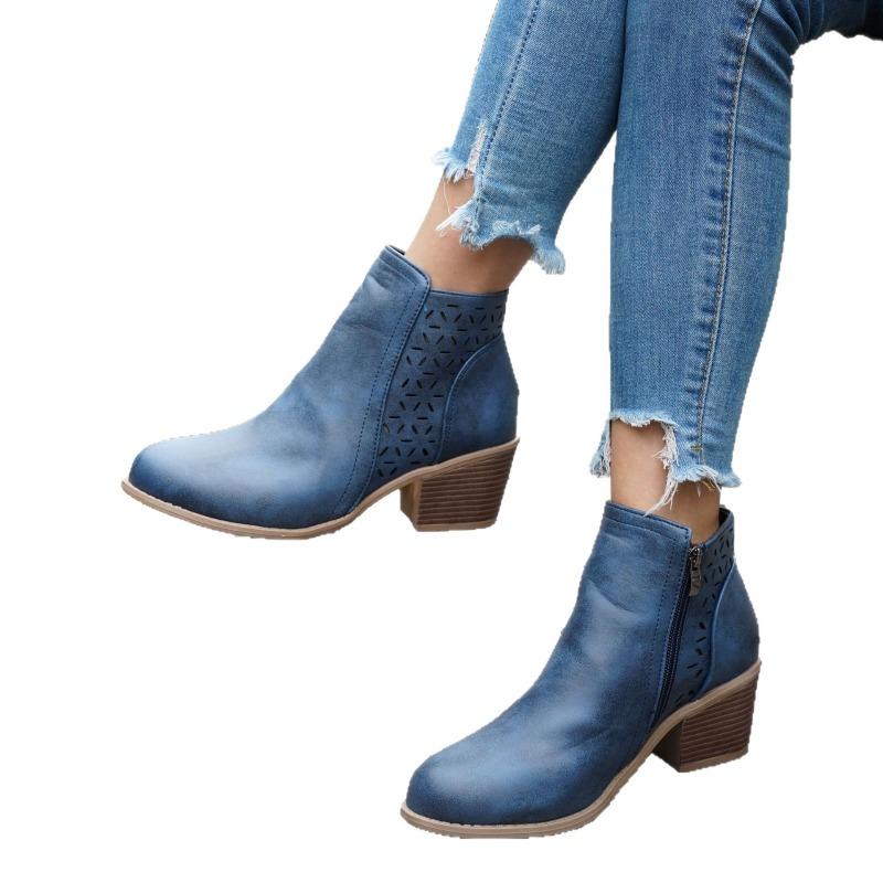 Wish women's shoes new thick heel large size hollow women's boots Martin boots middle heel side zipper short boots women