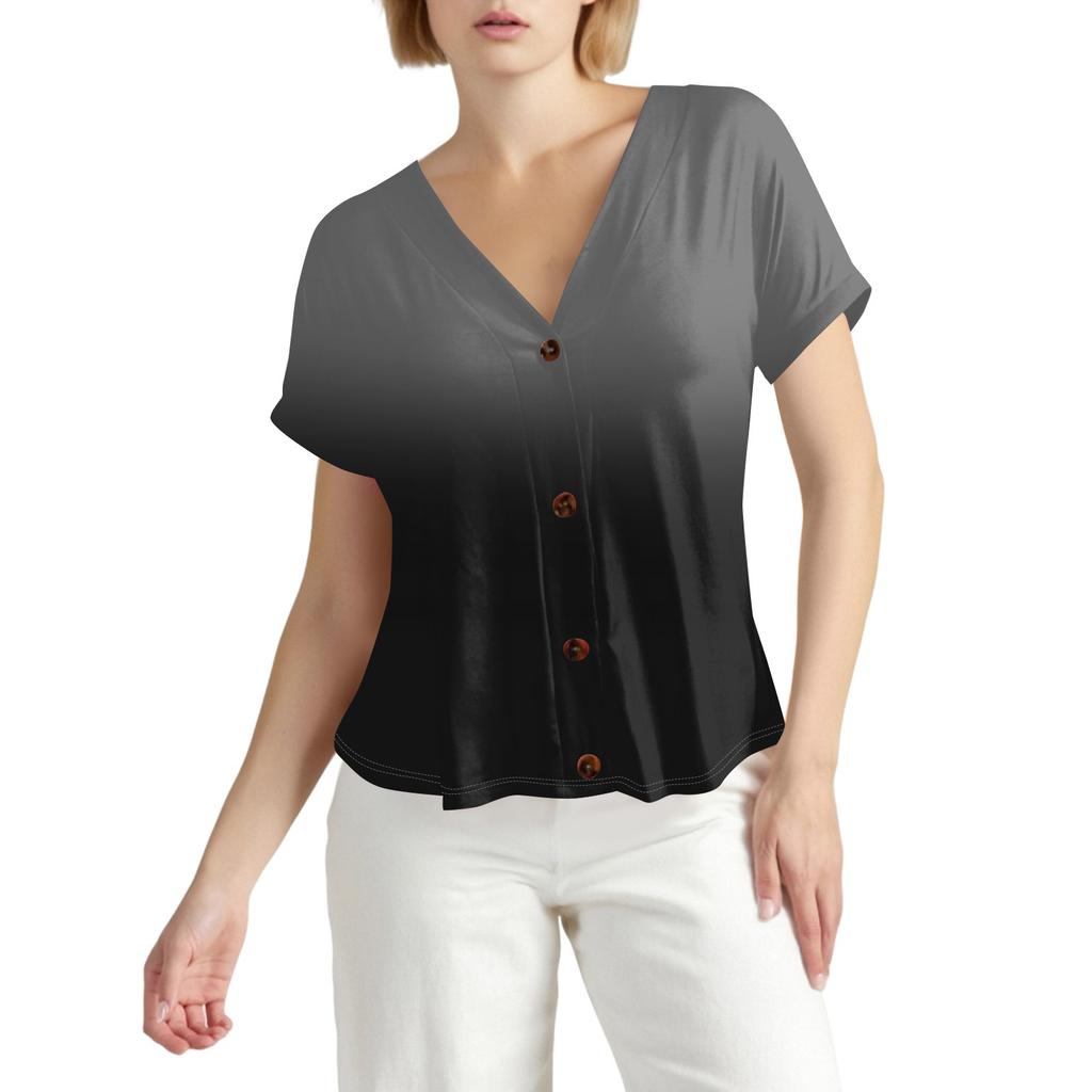 Damska Moda Krótkorękawowa Bluzka z Dekoltem V z Nadrukiem w Kolorze Gradientowym Casualowy T-shirt na Guziki