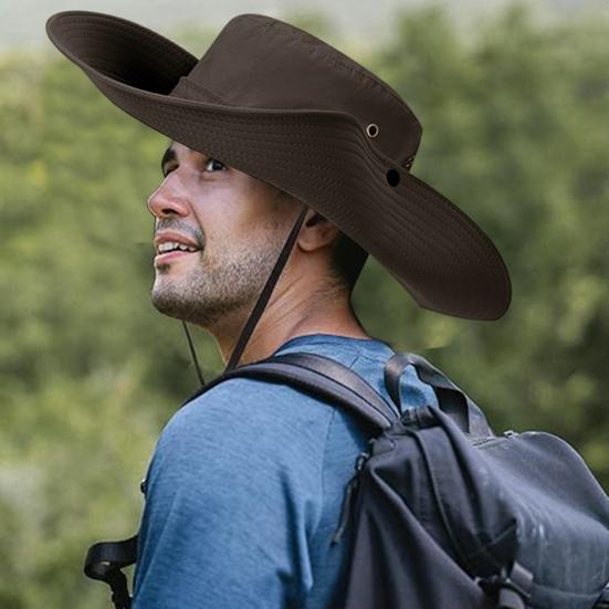 Men Fisherman Hat Flat Top Wide Brim Breathable Sun Hat Adjustable Windproof Drawstring Sun Protection Hat