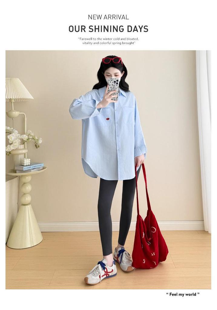 2025 Spring/Autumn Korean Style Cotton Casual Maternity Shirt - Trendy Plus Size Mid-Length for Moms