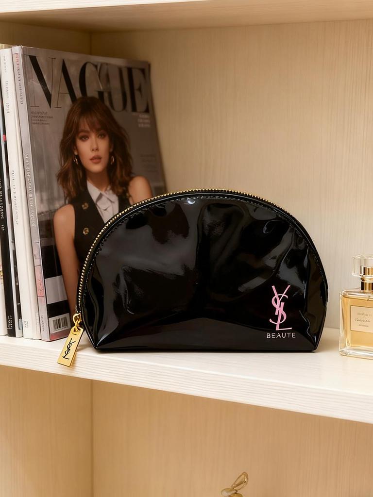 YSL Black PU Shell Makeup Bag - High-Gloss Large Capacity Clutch & Toiletry Case Christmas