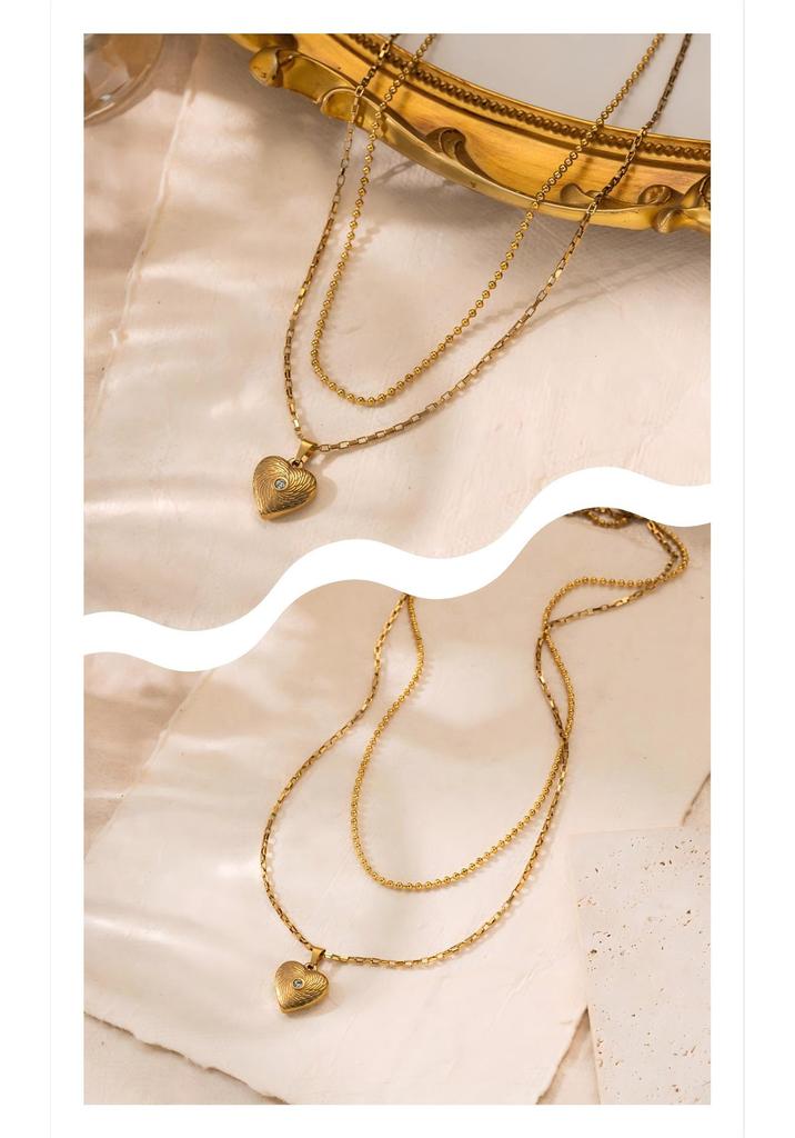 European and American Style Retro Titanium Double Layer Zircon Heart Necklace for Women
