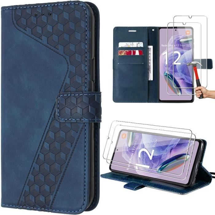 Coque - E.F.CONNECTION - Pour Xiaomi Redmi Note 12 Pro Plus 5G - Cuir PU Embossé - Bleu Marine - 2 Verres Trempés