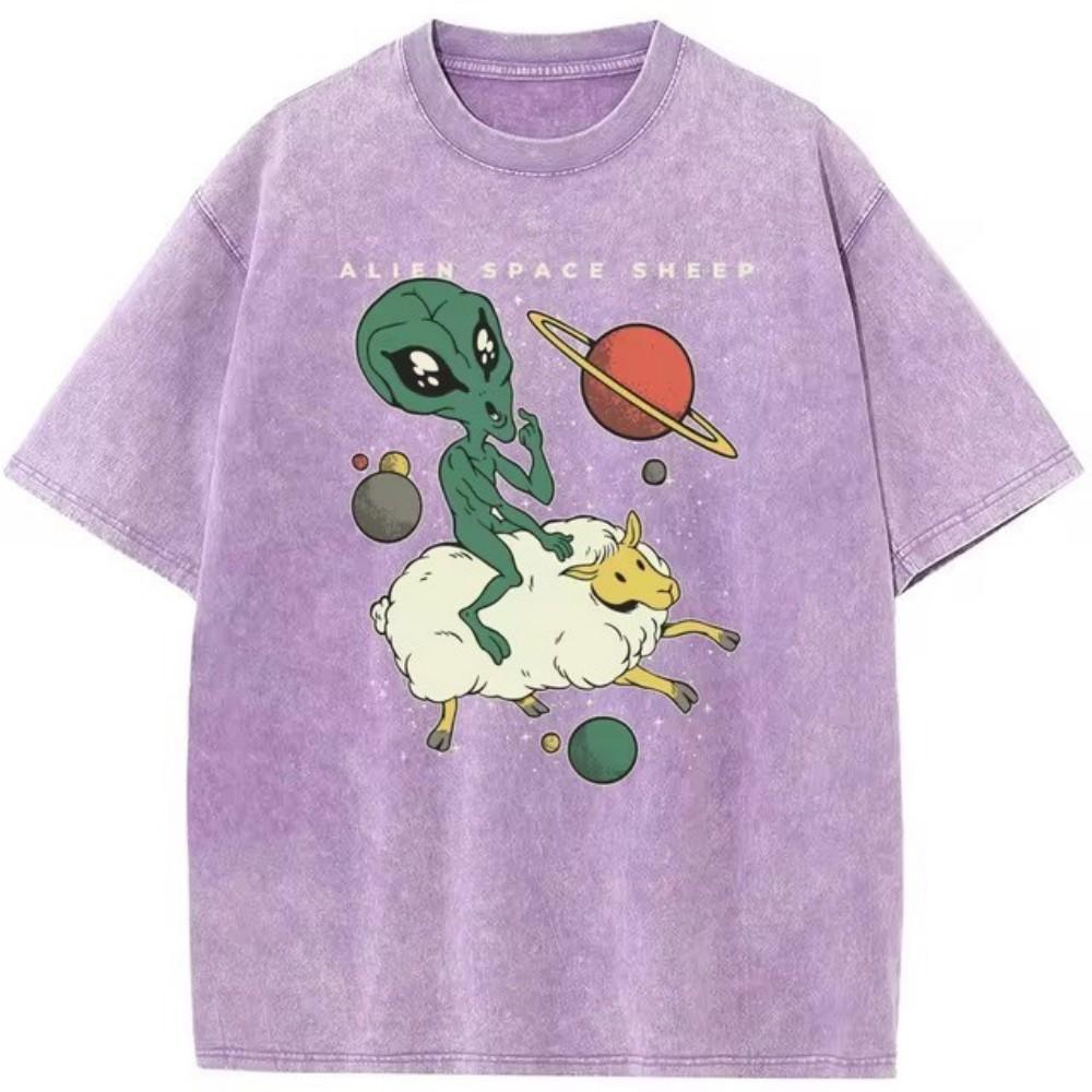 Alien Riding Sheep Cotton TShirt For Men And Women Casual And Fashionable Oversized TShirt Washed Old HighQuality TShirt S