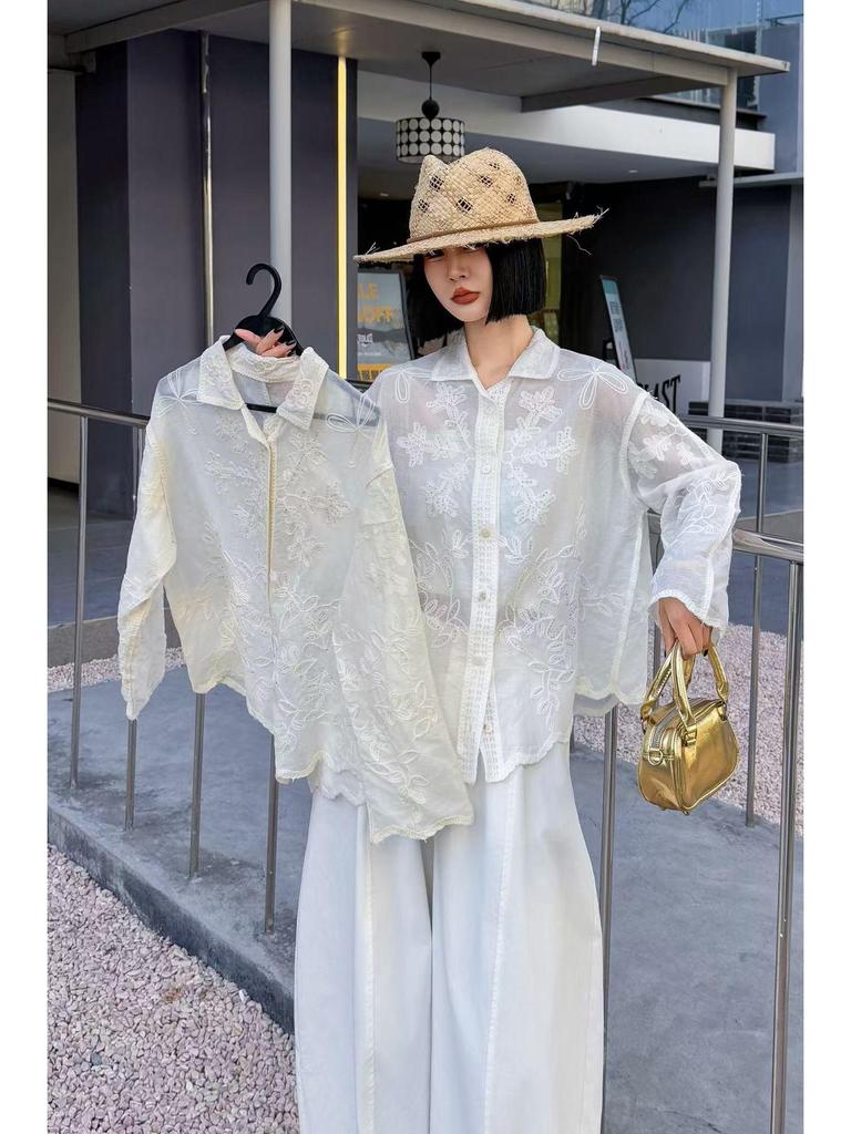 Korean Style Casual Embroidered Long Sleeve Shirt with Irregular Polo Collar