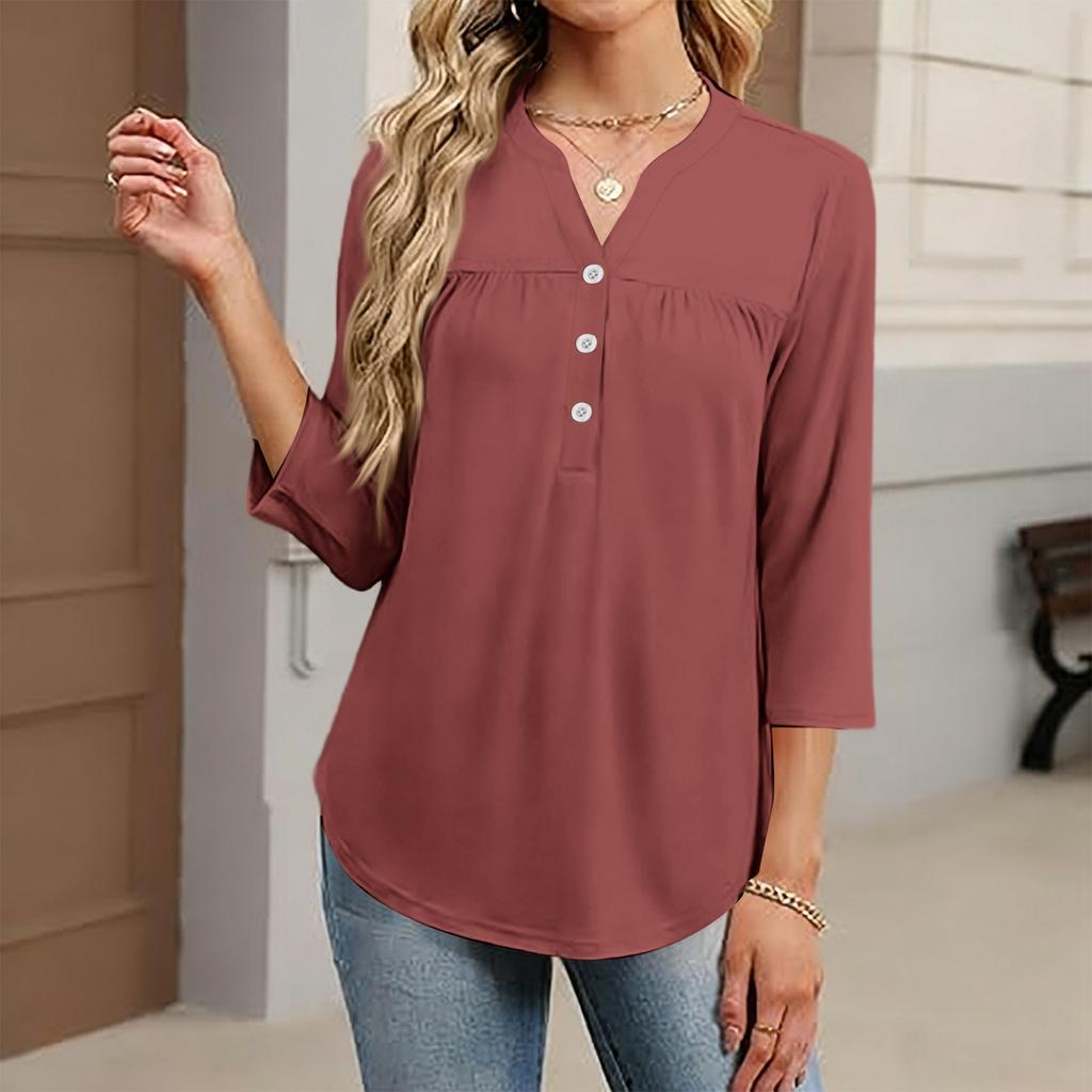 Women's Fashionable Casual Color V-Neck Decorative Button Three-Quarter Sleeve T-Shirt Top