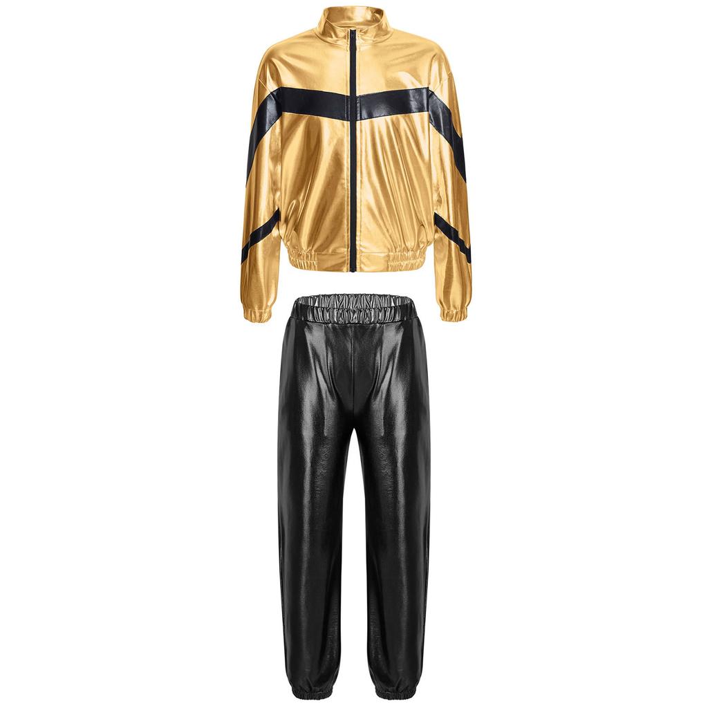 Girls Hip Hop Dance Jacket Metallic Zipper Contrast Color Stand Collar Coat Glittery Waist Pants Set