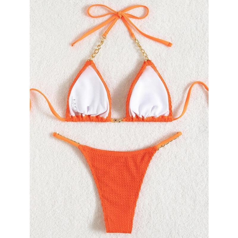 Women Sexy Solid Color Pleated Fabric Backless Two Piece Bikini Swimwear Set