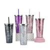 24oz Double Layer Plastic Cup With Glitter Portable Straw Water Bottle Reusable Drinkware Plastic Cups With Lids Party Drink Cup