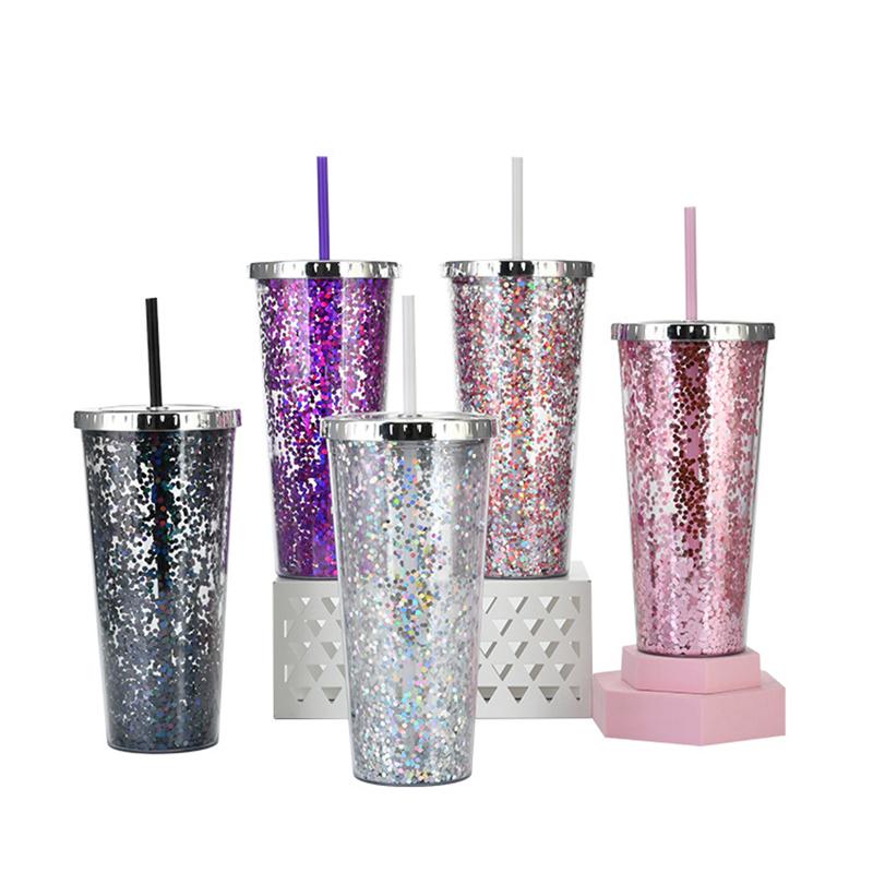 Taza de Plástico de Doble Capa de 24 oz con Purpurina Botella de Agua Portátil con Pajita Vasos Reutilizables de Plástico con Tapas Taza para Bebidas de Fiesta