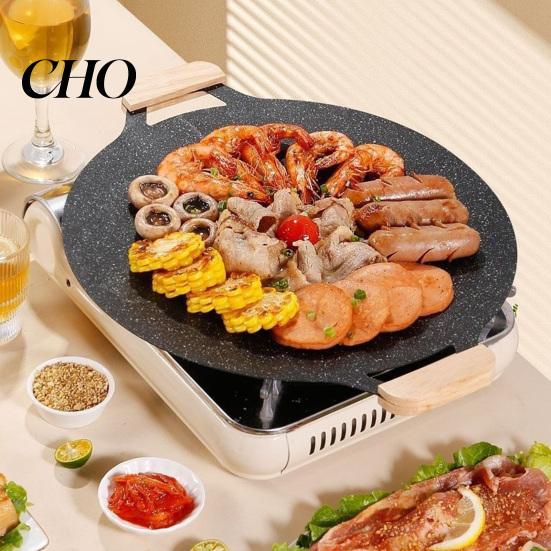 Family Size Outdoor Cooking Pan Electric Smokeless Grill, Nonstick Griddle, Korean BBQ Meat Roaster Quick Heat Conduction with Handle, Round