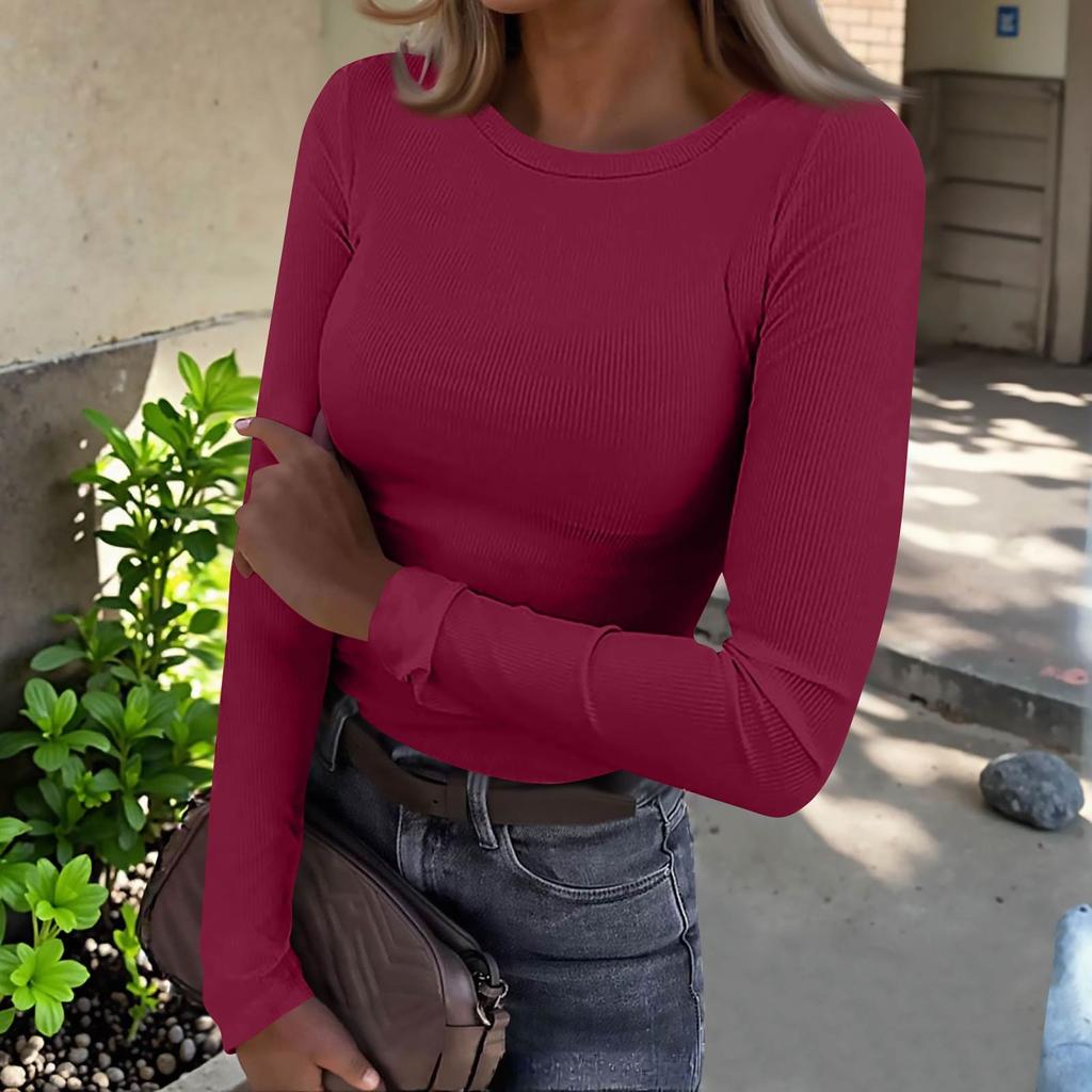 Women's  And Winter Slim Bottom T-shirt Fashion Casual Solid Color O-Neck Pullover Long Sleeve Top