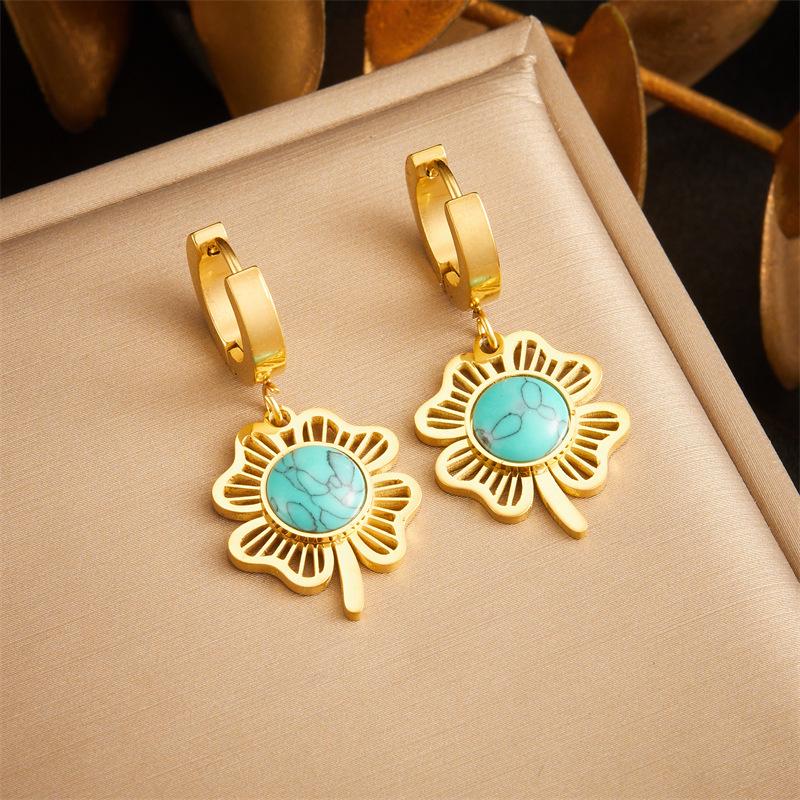 gold huggie drop earrings with turquoise clover pendant for women