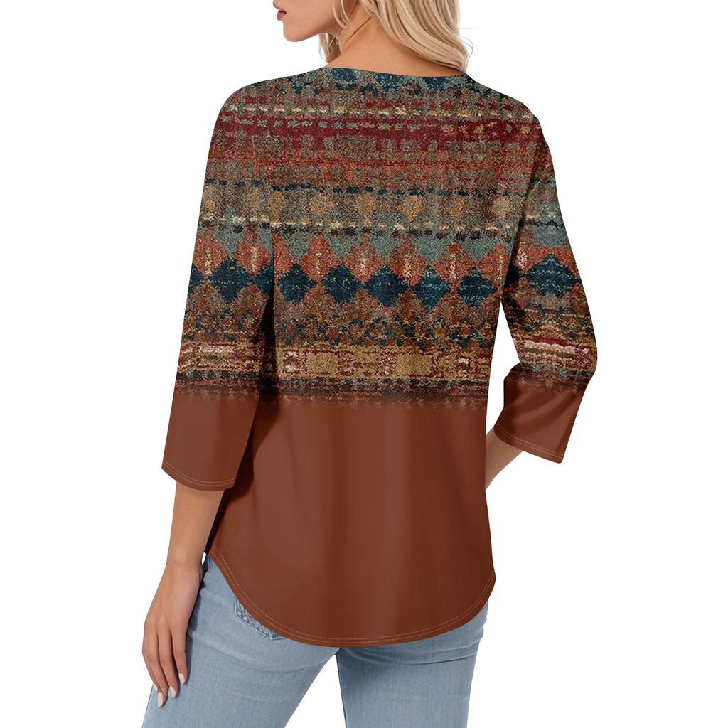 Women's Casual Tops V Neck Pull Stripe Prints Seven Sleeve Tops