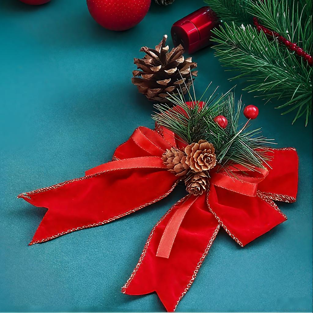 6pcs, Christmas Tree Top Decoration Pendant, Large Bow Diy Velvet Cloth Cuffed Ribbon, Holiday Party Decoration, Holiday Party Gift