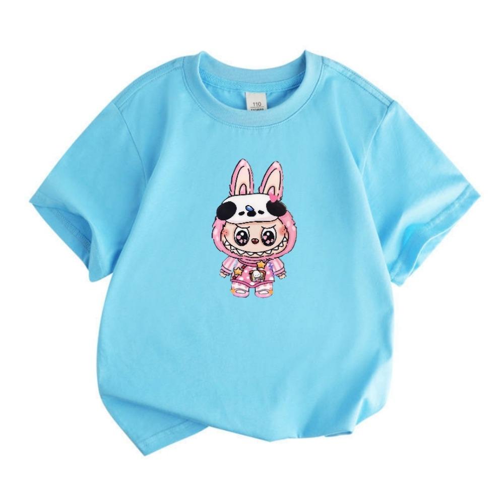 

2025 Popular Children s Clothing Short Sleeved LABUBU Wearing Pajamas Pattern Round Neck T-shirt Cartoon Style Girl s Top 110