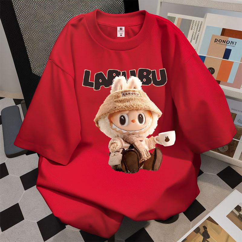 New LABUBU Cartoon Print Short Sleeved T-shirt Women's Round Neck Top Cute Casual Fashion