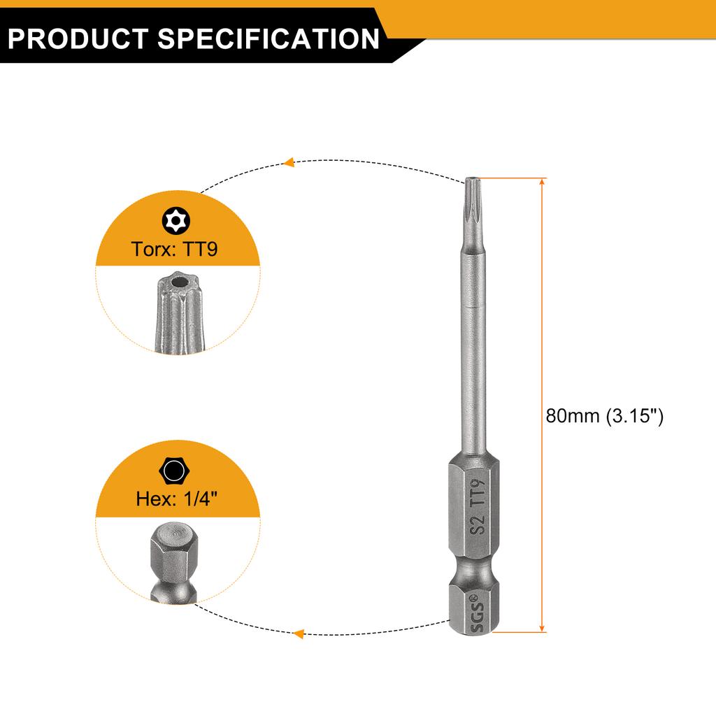 TT8-TT40 Security Torx Head Screwdriver Bit 3.15" Long 1/4" Hex Shank Magnetic Tamper Proof 6 Point Star Screw Driver Drill Bit