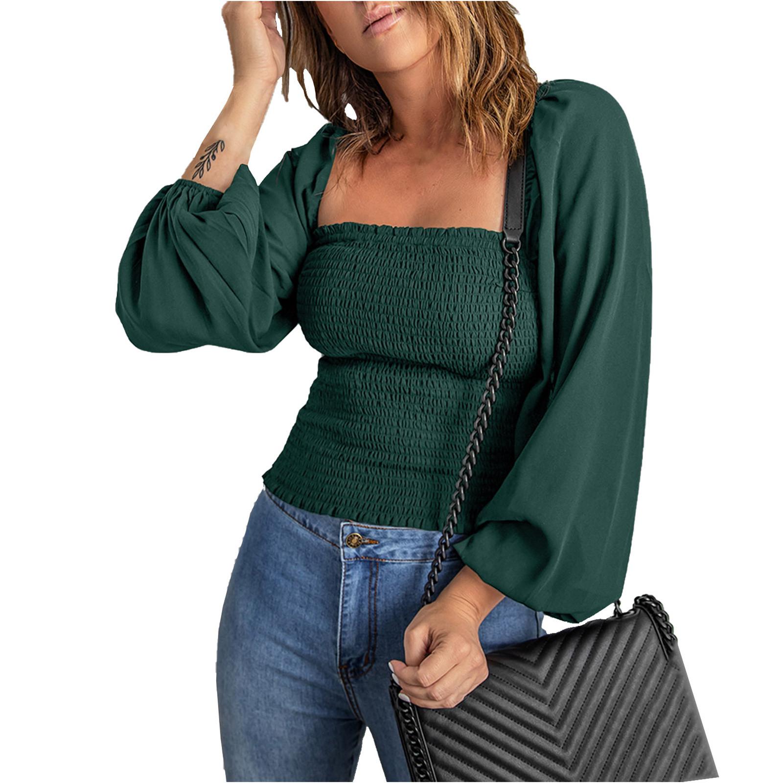 

Женская сексуальная рубашка с квадратным вырезом, рубашка с длинным рукавом, однотонная повседневная рубашка XL зелёный