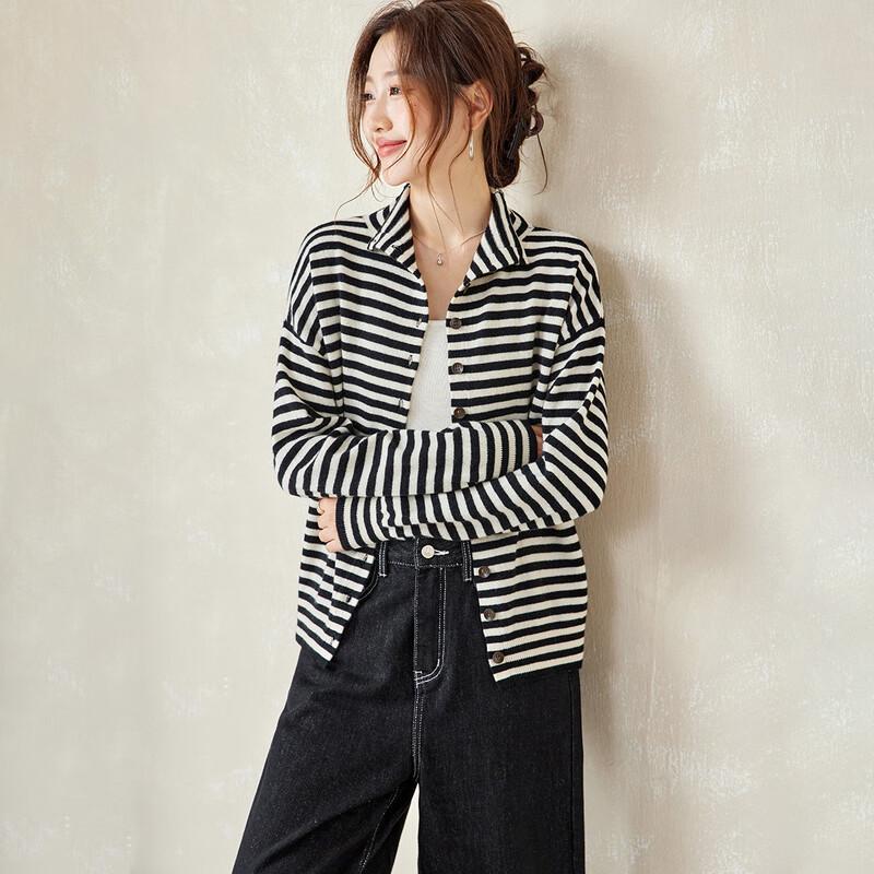 Srcr Women's 100% Merino Wool Striped Knit Cardigan