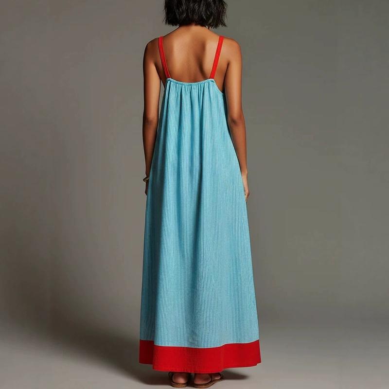 Women's Striped Spaghetti Strap Maxi Dress Summer Vacation Sleeveless Tie Waist Long Dress