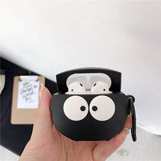 Case Compatible with AirPods 1/2, Super Cute Creative Funny Big Eyes Black Dust Elf Shape Case, Stylish Dust Ball Silicone Earphone Protection Skin