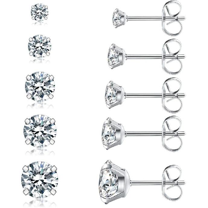 

5 Pairs Stud Earrings Set, Hypoallergenic Cubic Zirconia 316L Earrings Stainless Steel CZ Earrings 3-8mm (Steel Color)