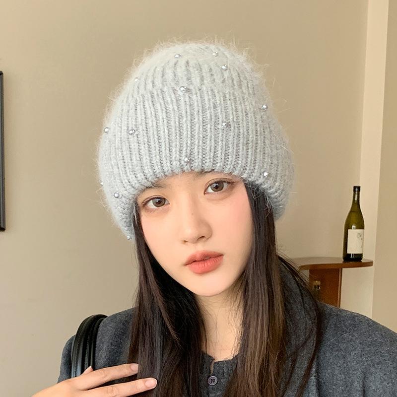Neuer Perlen-Kaninchenhaar-Strickhut Damen Winter Outdoor Warm Mode Ohrenschützer Wollmütze