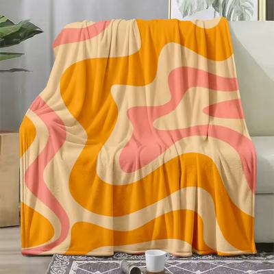 1pc Flannel Blanket, Orange Pink Abstract Wave Print, Suitable for All Seasons, for Sofa Bed Travel Camping Home Decor, Adult Ho