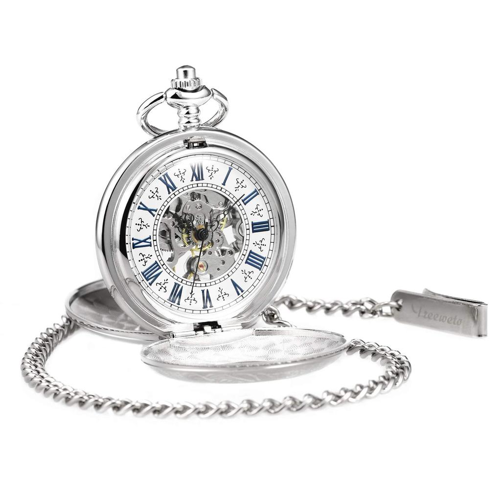 TREEWETO Men's Skeleton Mechanical Pocket Watch, Retro Roman Numeral Half-Size Hunter, Silver