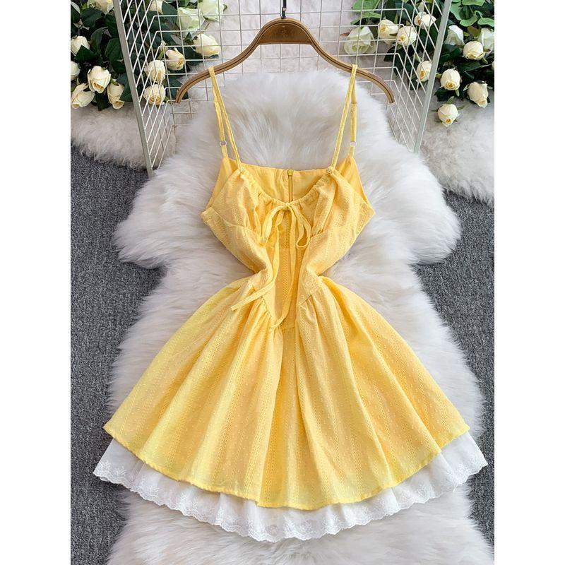 French style Pure Desire Lace-up V-neck Sling Dress Women Summer New Lace Embroidery Waist Slimming Cake Skirts
