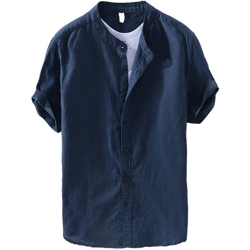 Men's Dark Blue Casual Linen-Cotton Stand Collar Short Sleeve Shirt - Retro Japanese Style