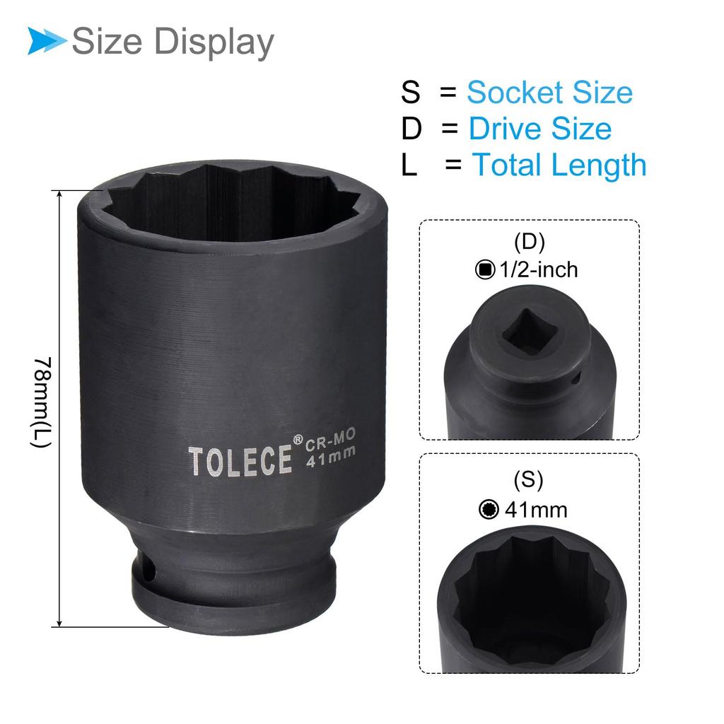 CoCud Deep Impact Socket, 1/2" Drive, 41mm Socket, 78mm Long, CR-MO, 12-Point - (For DIY Home Repairs)