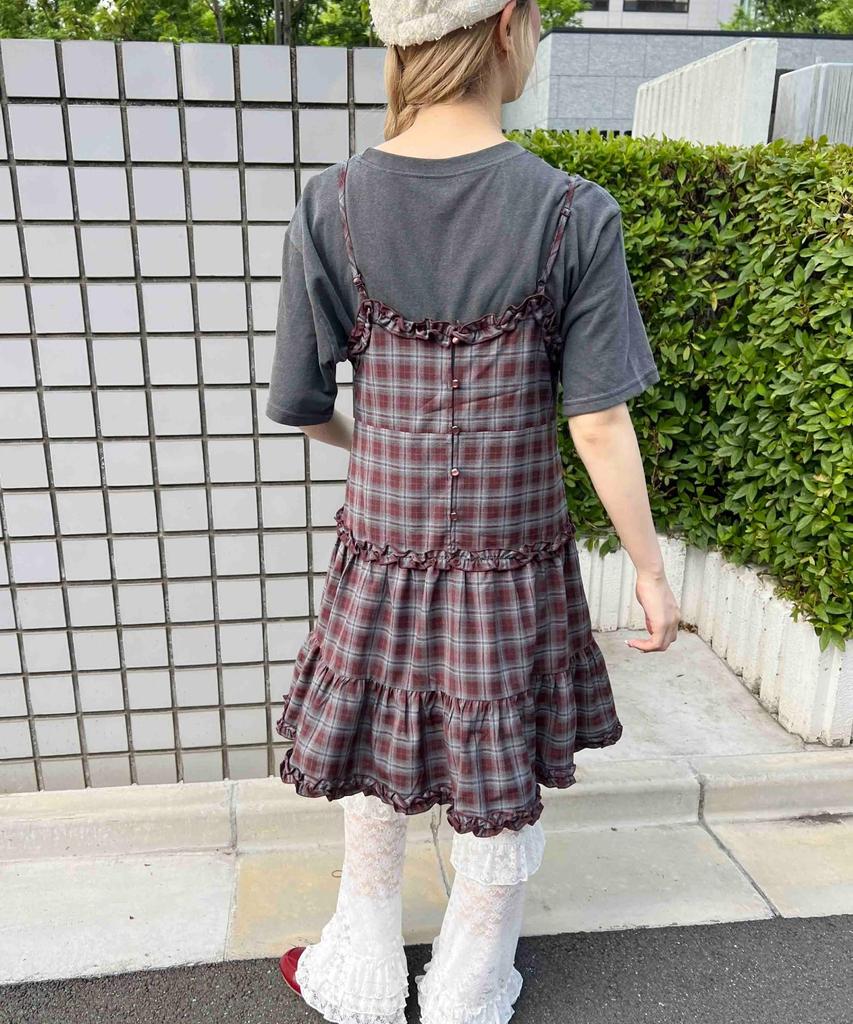 WEGO WC Ruffle Check Camisole Girly and Size Wine Dress, Cute, Women's, F,