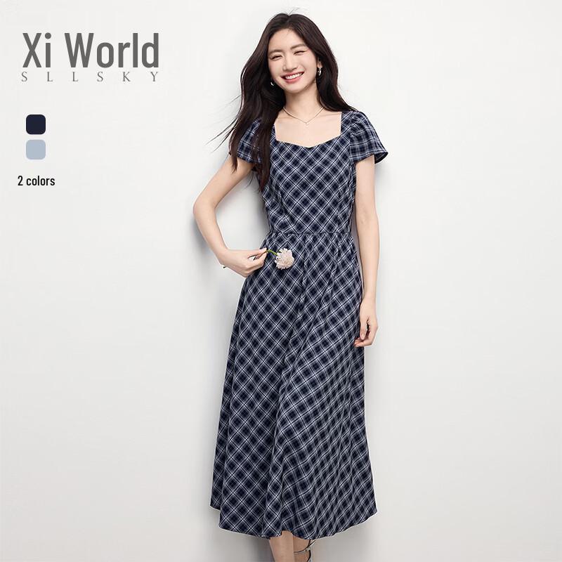 Women s French Retro Nautical Plaid Square Neck Dress with Flutter Sleeves S