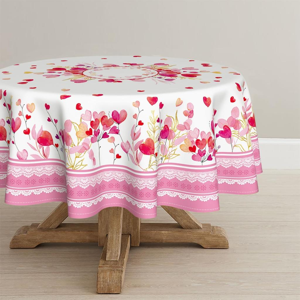 Horaldaily Valentine Tablecloth 60×60 Inch Round, Pink Love Plants Washable Table Cover for Party Picnic Dinner Decor
