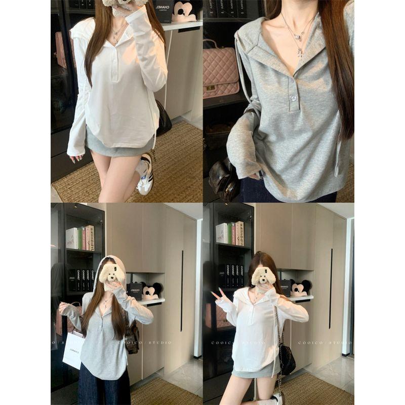 Kumikumi Idle Style Gray Hood Button Long sleeves Shirt Women Autumn Niche All-Match Loose Slimming Top